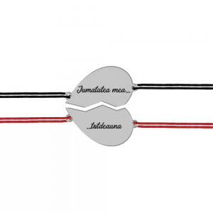 Set bratari argint cuplu inimioare 16 mm si snur negru (M) si rosu (F) (2 bucati incluse) - personalizate cu text